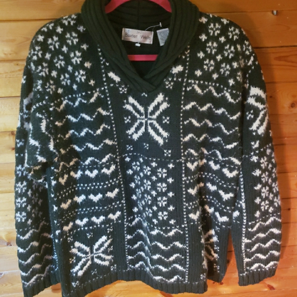 Vintage Baxter Wells Sweater Fair Isle Mens Medium Green Shawl Collar